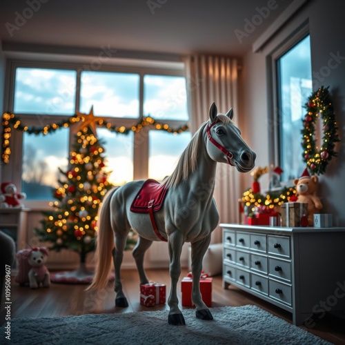 white horse indoors, Christmas decorations, festive living room, Christmas tree with lights, large windows, holiday ambiance, cozy and warm atmosphere, detailed and realistic, soft lighting, winter ev photo