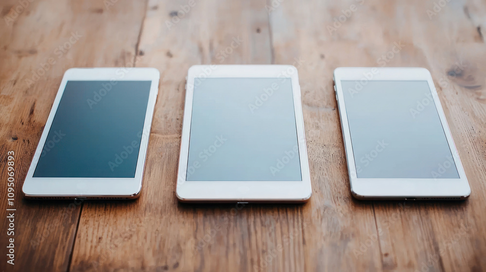 Three sleek tablets arranged on a wooden surface, showcasing modern design and versatility. Three sleek tablets arranged on a wooden surface, showcasing modern design and versatility.