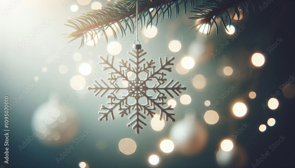 Close-up of a delicate snowflake ornament hanging from a branch, its intricate details shimmering under soft holiday lights Close-up of a delicate snowflake ornament hanging from a branch, its intricate details shimmering under soft holiday lights