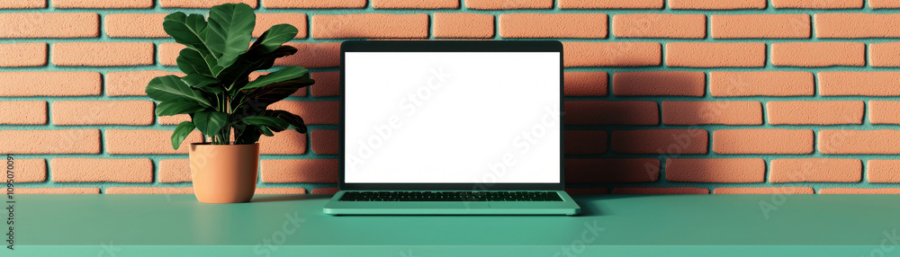 Fototapeta premium Modern workspace with a laptop, plant, and colorful brick wall backdrop.