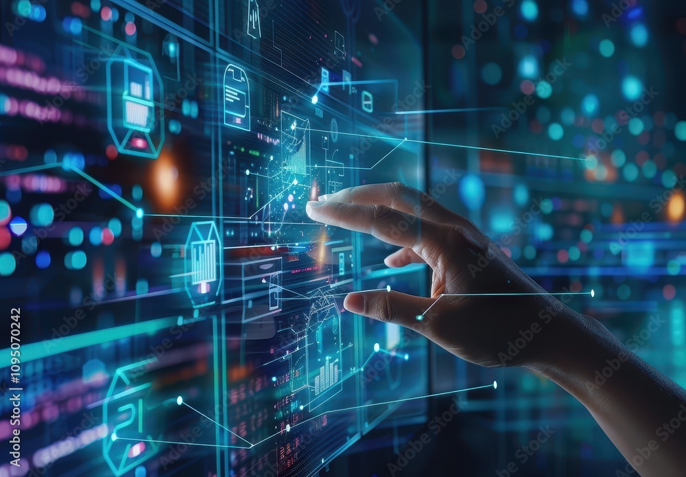 Big data technology and data science with person touching data flowing on virtual screen Big data technology and data science with person touching data flowing on virtual screen