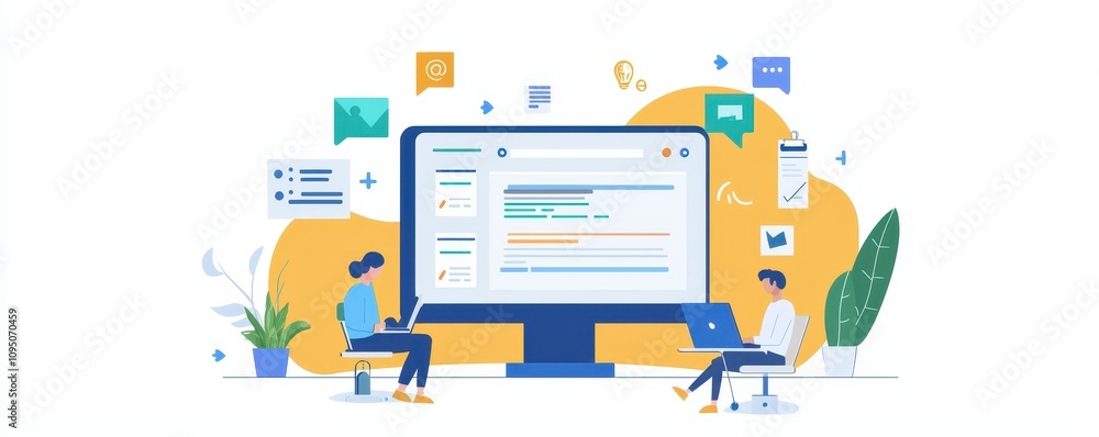 A digital illustration of two people working on computers, surrounded by various icons and messages, symbolizing online communication and collaboration. A digital illustration of two people working on computers, surrounded by various icons and messages, symbolizing online communication and collaboration.