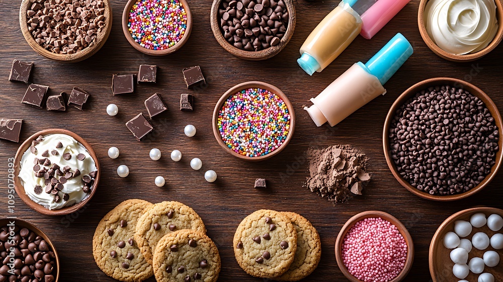 A lively overhead view of chocolate chips, sprinkles, brown sugar, and cookie cutters arranged with vibrant frosting tubes and partially decorated cookies on a rustic wooden table, A lively overhead view of chocolate chips, sprinkles, brown sugar, and cookie cutters arranged with vibrant frosting tubes and partially decorated cookies on a rustic wooden table,
