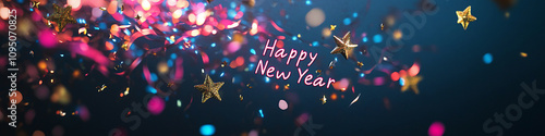 Festive background colorful star confetti happy new year party banner with copy space for text