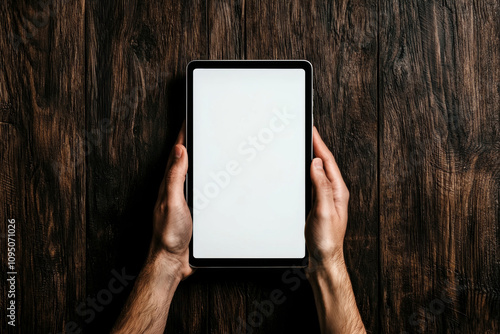 A person holding a blank digital tablet on a rustic wooden table, ready for content. photo