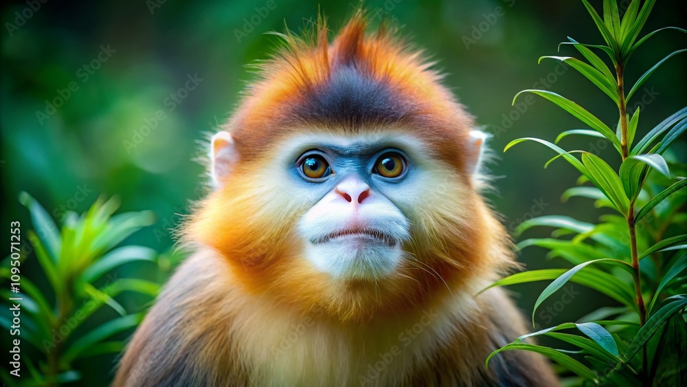 Portrait of Yunnan Snub-Nosed Monkey in Its Natural Habitat, Showcasing Its Unique Facial Features and Vibrant Fur, Captured in the Lush Greenery of Yunnan's Biodiverse Ecosystem Portrait of Yunnan Snub-Nosed Monkey in Its Natural Habitat, Showcasing Its Unique Facial Features and Vibrant Fur, Captured in the Lush Greenery of Yunnan's Biodiverse Ecosystem