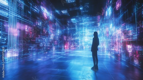 Woman Silhouette Stands Within A Digital Data Room photo