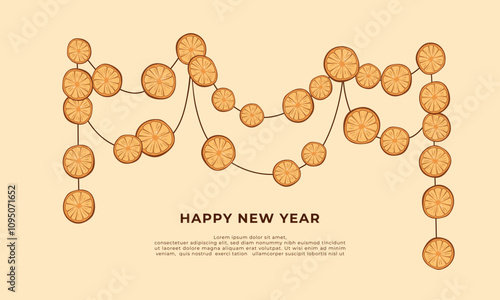 Retro classic Happy New Year poster with stylized citrus holiday decor in retro style. Dried oranges garland for celebration and season decoration, backgrounds for branding, banner, cover, card.
