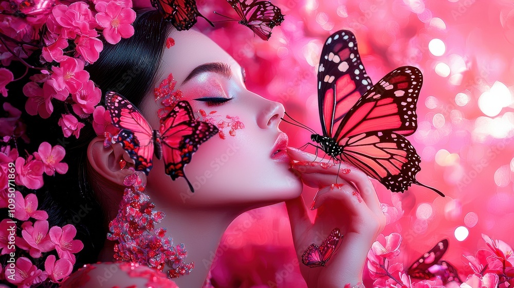 Surreal portrait of a woman surrounded vibrant butterflies in a floral wonderland artistry dreamy environment close-up view emotional expression
