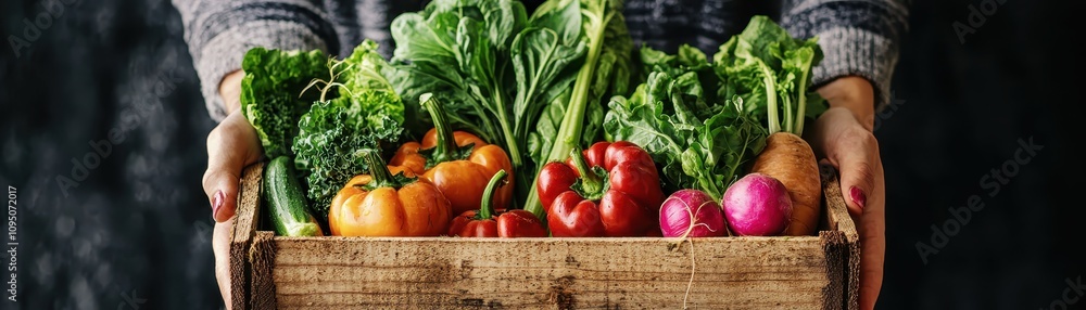 A person is holding a wooden crate filled with a variety of fresh, colorful vegetables against a dark background. A person is holding a wooden crate filled with a variety of fresh, colorful vegetables against a dark background.