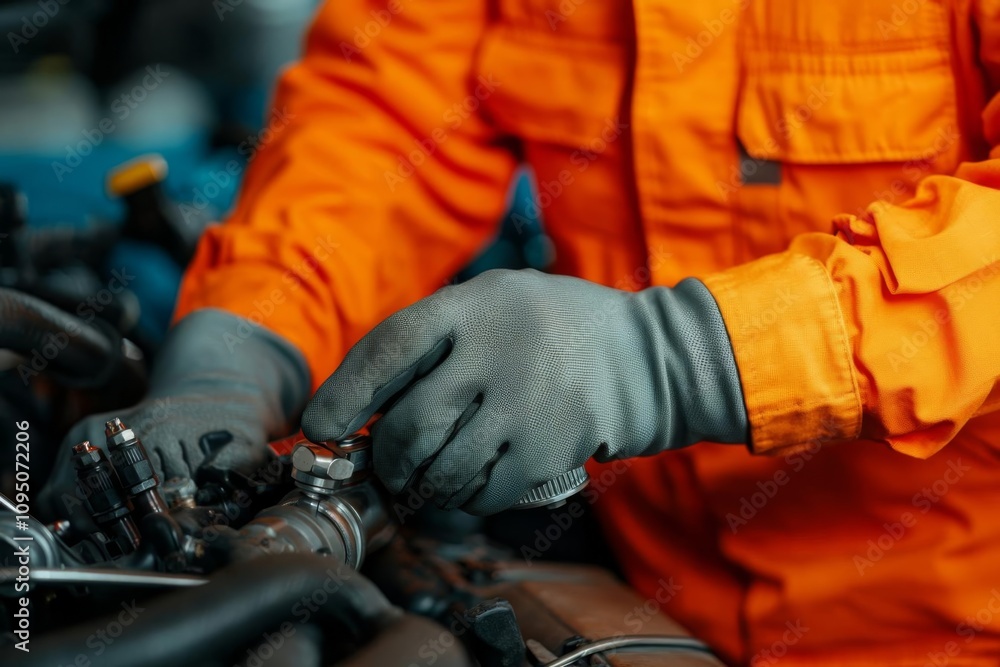 A mechanic in an orange jumpsuit works diligently on machinery components. A mechanic in an orange jumpsuit works diligently on machinery components.