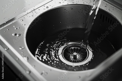 A close-up shot of a kitchen sink with water flowing down the drain, suitable for use in scenes related to cleaning or household activities photo