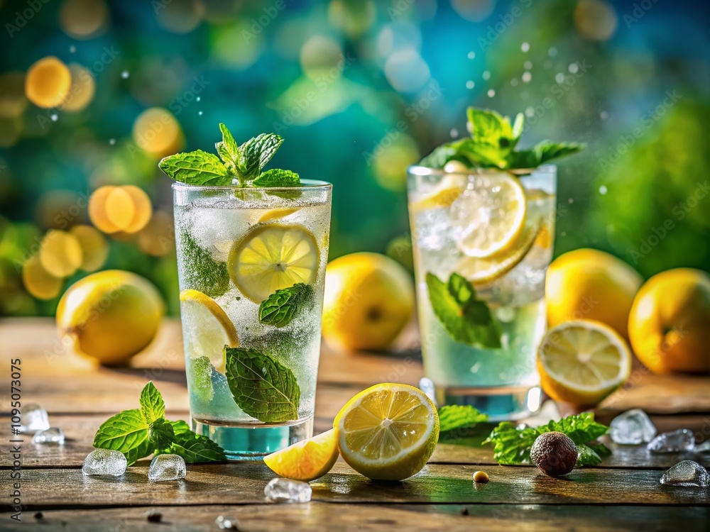 Refreshing Glasses of Iced Lemon and Mint Beverages with Water Droplets, Perfect for Summer Days, Showcasing Vibrant Colors and Inviting Atmosphere in a Candid Photography Style Refreshing Glasses of Iced Lemon and Mint Beverages with Water Droplets, Perfect for Summer Days, Showcasing Vibrant Colors and Inviting Atmosphere in a Candid Photography Style