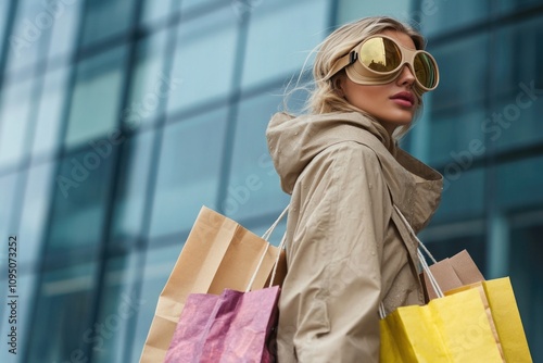 A woman wearing sunglasses is carrying shopping bags in front of a building, suitable for use in images related to daily life or urban settings photo