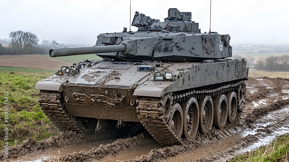 tank navigating through a muddy field, with tracks leaving deep ruts and the vehicle covered in mud. Copy space on the top. tank navigating through a muddy field, with tracks leaving deep ruts and the vehicle covered in mud. Copy space on the top.