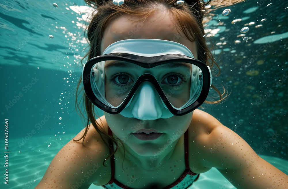 Fototapeta premium Diver in mask swim under water of sea, active vacation on ocean. AI Generative