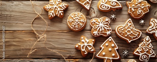 estive Gingerbread Cookies on Rustic Wooden Table. photo