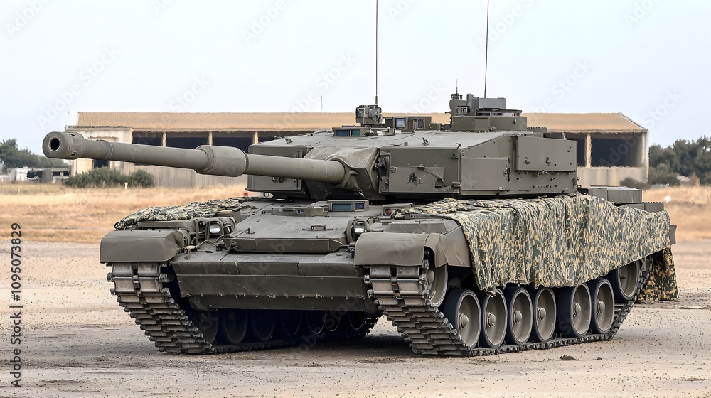 tank parked in a military base, with camouflage netting draped over it and barracks in the background. Copy space on the top. tank parked in a military base, with camouflage netting draped over it and barracks in the background. Copy space on the top.