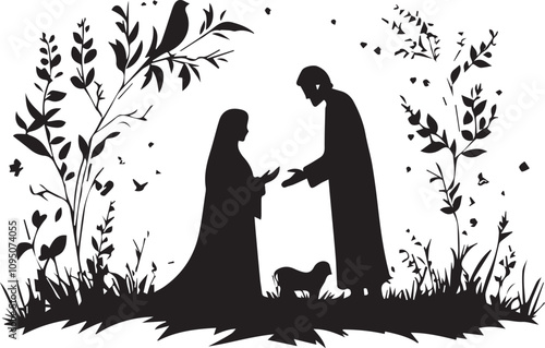 Silhouette of nativity scene with Mary vector