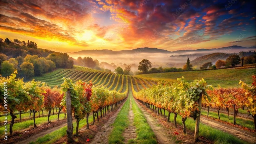 Fototapeta premium Rolling Vineyards in Warm Watercolors: A Serene Landscape of Grape Vines Stretching into the Distance Captured in Low Light Photography for Artistic Imagery
