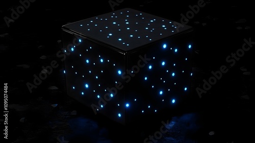 tecknolocigal black cube with blue neon lights on black background with many dots. Black Sci-fi cube on black background. Digital cube. 3d rendering. Abstract cube with glowing particles. Geometric lu