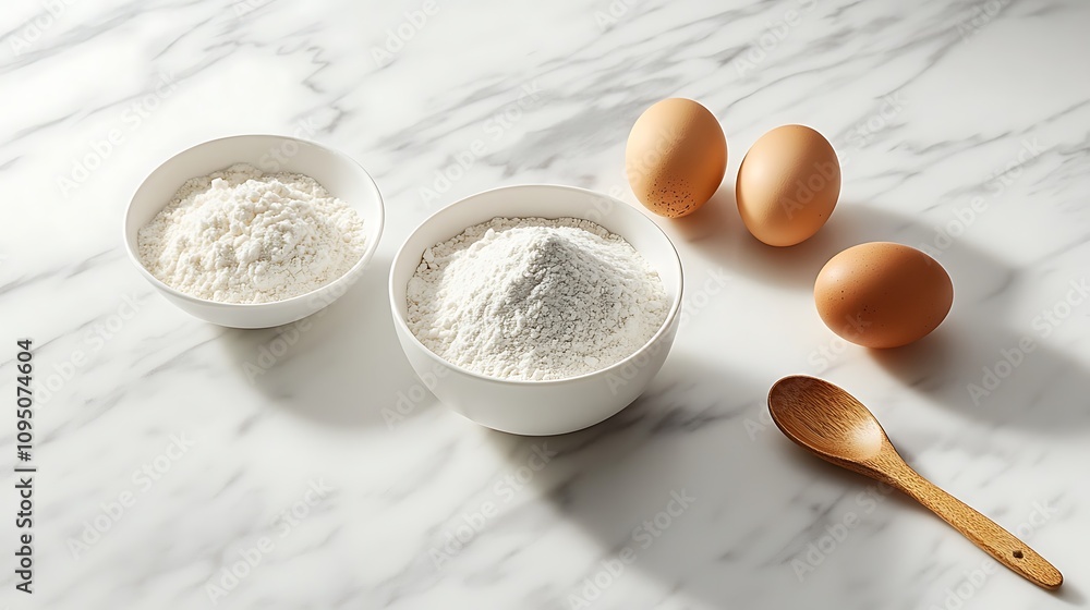 A minimalist flat lay of white bowls containing flour, sugar, and eggs, accompanied by a single wooden spoon, arranged on a clean white marble surface with soft natural lighting and subtle shadows, A minimalist flat lay of white bowls containing flour, sugar, and eggs, accompanied by a single wooden spoon, arranged on a clean white marble surface with soft natural lighting and subtle shadows,