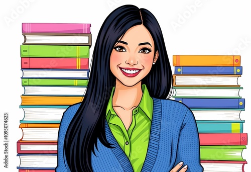 Happy woman surrounded by colorful books. Education, reading, knowledge concept.