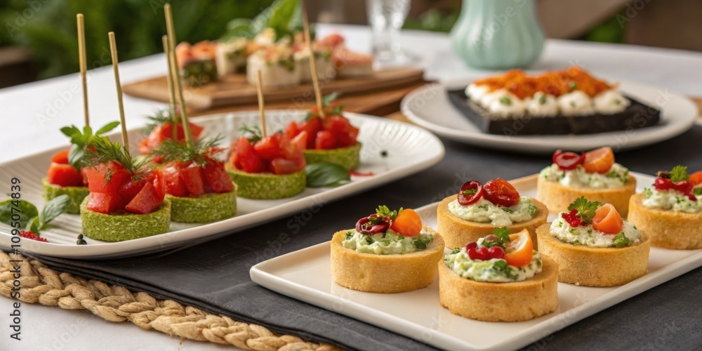 Appetizer Array A closeup of a selection of appetizers on the table beautifully presented on platters with decorations that evoke the spirit of the celebration. Appetizer Array A closeup of a selection of appetizers on the table beautifully presented on platters with decorations that evoke the spirit of the celebration.