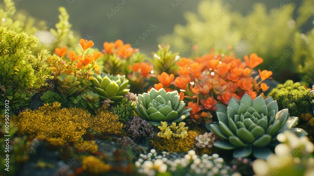 A vibrant display of colorful succulents and moss, showcasing nature's beauty with rich greens and warm orange hues under soft sunlight. A vibrant display of colorful succulents and moss, showcasing nature's beauty with rich greens and warm orange hues under soft sunlight.