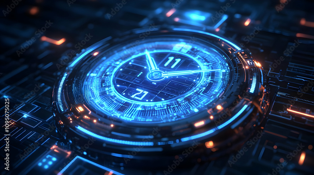 3D Illustration - Futuristic Clock on Circuit Board 3D Illustration - Futuristic Clock on Circuit Board