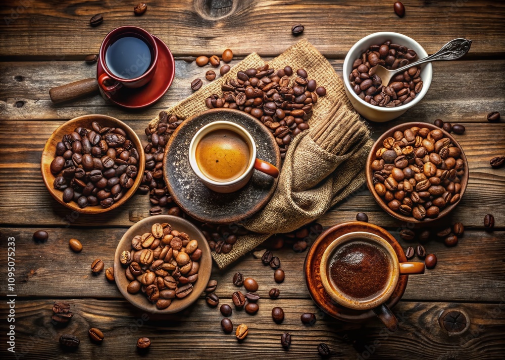 Rustic Coffee Experience: A Cozy Collection of Coffee Beans and Cups Arranged on a Weathered Wooden Surface Perfect for a Warm Café Atmosphere Rustic Coffee Experience: A Cozy Collection of Coffee Beans and Cups Arranged on a Weathered Wooden Surface Perfect for a Warm Café Atmosphere