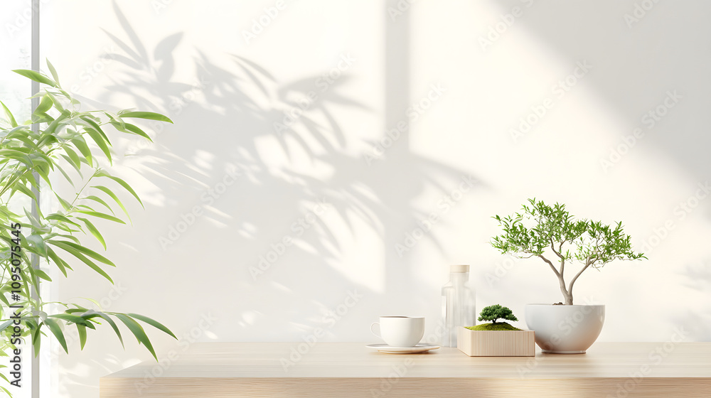 Minimalist Japanese low table with plants and tea set, creating serene atmosphere Minimalist Japanese low table with plants and tea set, creating serene atmosphere