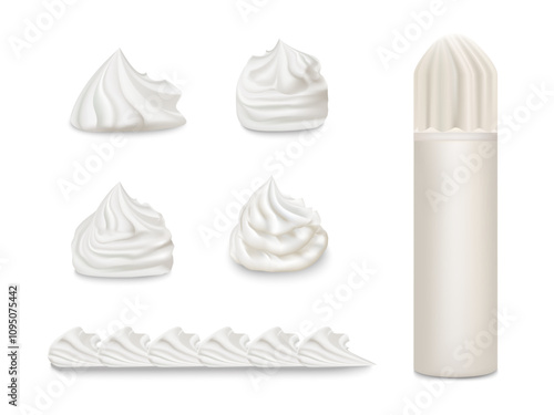 Set of whipped cream isolated on white background. 3d realistic of whipped cream. Vector illustration EPS 10.