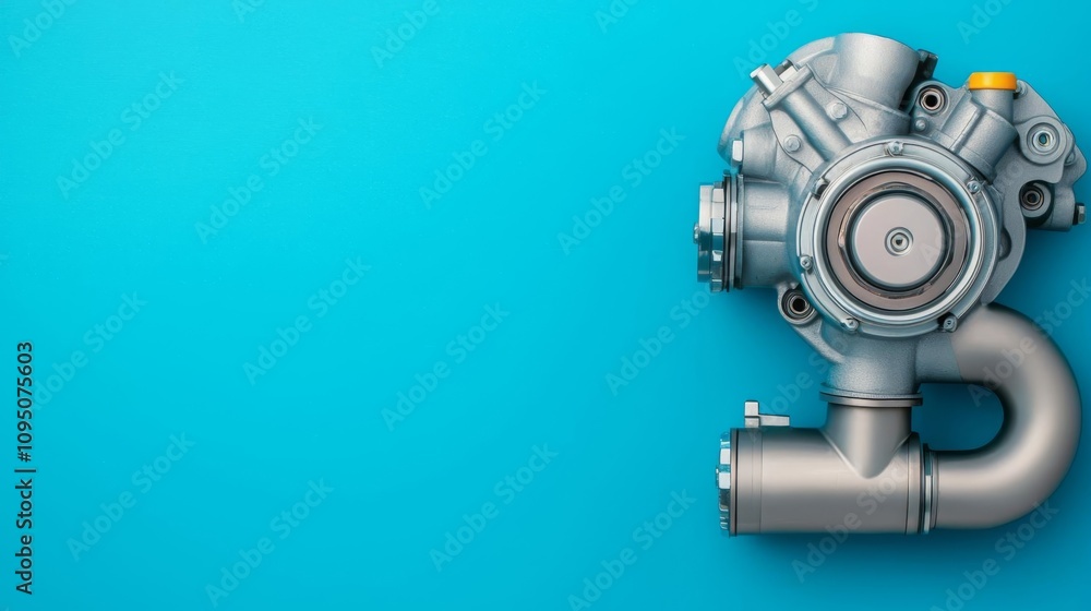 A detailed view of a silver turbocharger on a vibrant blue background. A detailed view of a silver turbocharger on a vibrant blue background.