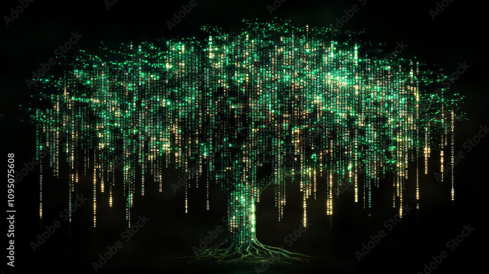 Digital tree with shimmering green lights in a dark environment Digital tree with shimmering green lights in a dark environment