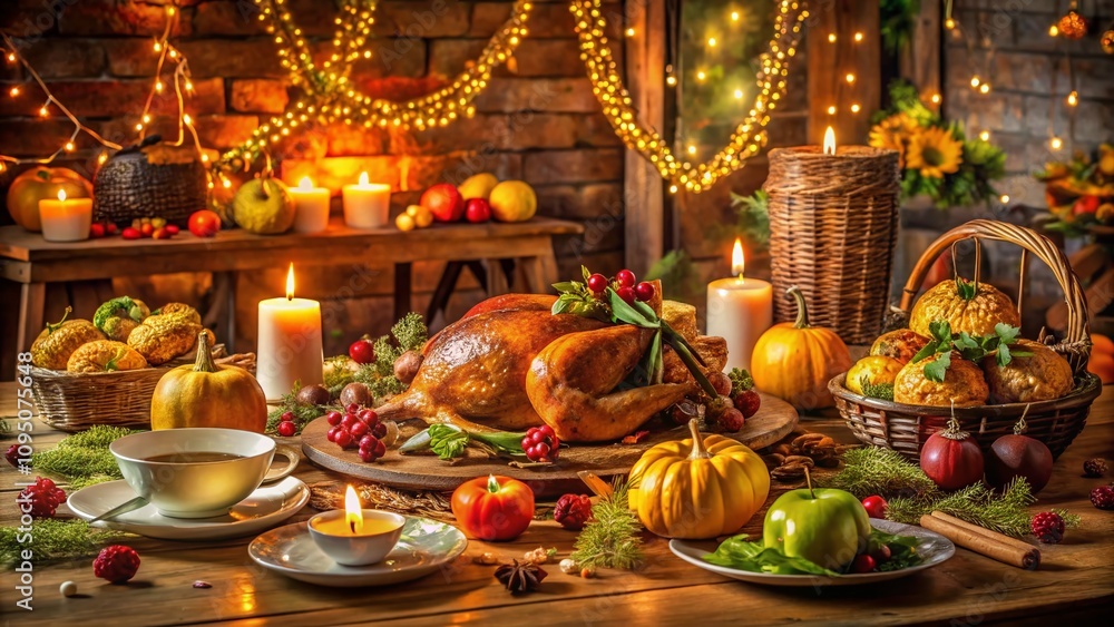 Rustic Thanksgiving Dinner Table Decorated with Abundant Dishes, Warm Lighting, and Autumn Elements for a Cozy Holiday Atmosphere Rustic Thanksgiving Dinner Table Decorated with Abundant Dishes, Warm Lighting, and Autumn Elements for a Cozy Holiday Atmosphere