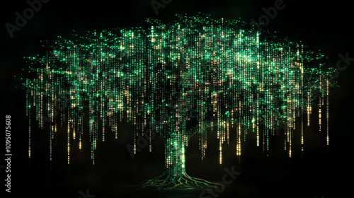 Digital tree with shimmering green lights in a dark environment