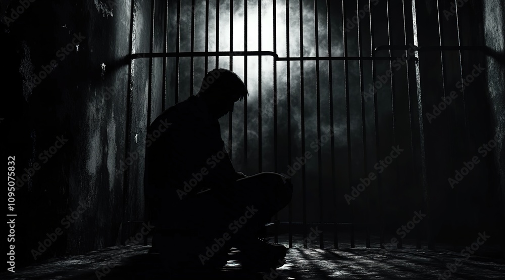 A silhouette of a man sitting in prison, in black and white A silhouette of a man sitting in prison, in black and white
