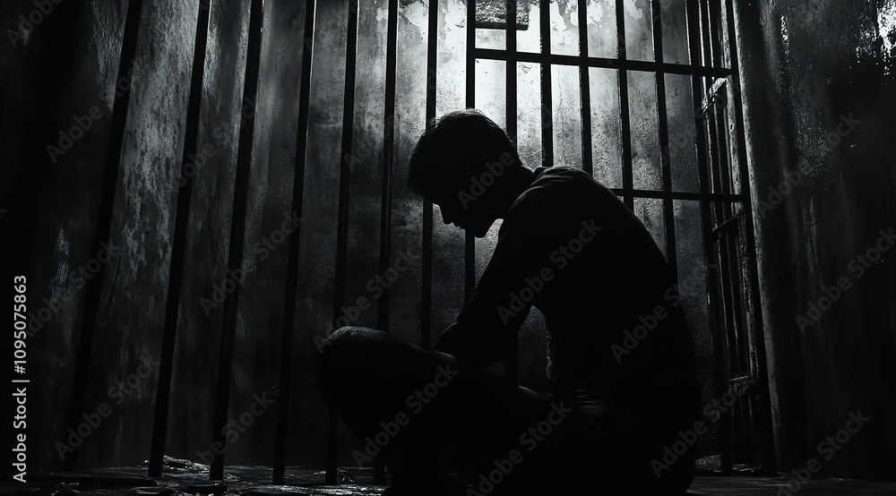 A silhouette of a man sitting in prison, in black and white A silhouette of a man sitting in prison, in black and white