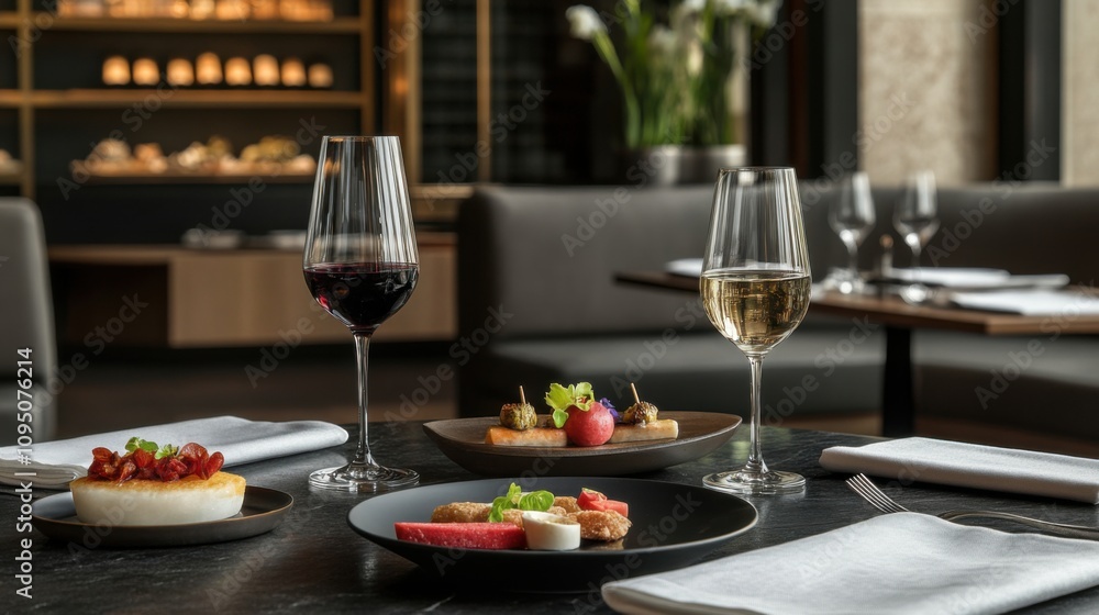 Elegant restaurant setup with wine glasses and appetizers for a romantic dinner Elegant restaurant setup with wine glasses and appetizers for a romantic dinner
