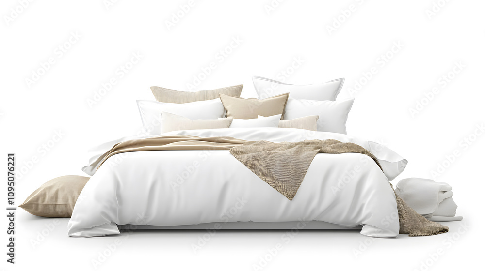modern bed with white bedding and decorative pillows, creating cozy atmosphere modern bed with white bedding and decorative pillows, creating cozy atmosphere