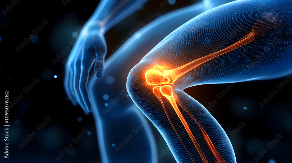 3D-rendered illustration of a jogger experiencing painful knee discomfort, with a focus on the knee joint, highlighting the source of pain and the physical impact of the injury.
3D-rendered illustration of a jogger experiencing painful knee discomfort, with a focus on the knee joint, highlighting the source of pain and the physical impact of the injury.