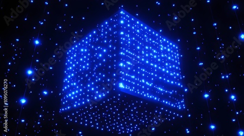 tecknolocigal blue cube with blue neon lights on black background with many dots. Blue Sci-fi cube on black background. Digital cube. 3d rendering. Abstract cube with glowing particles. Geometric lum photo