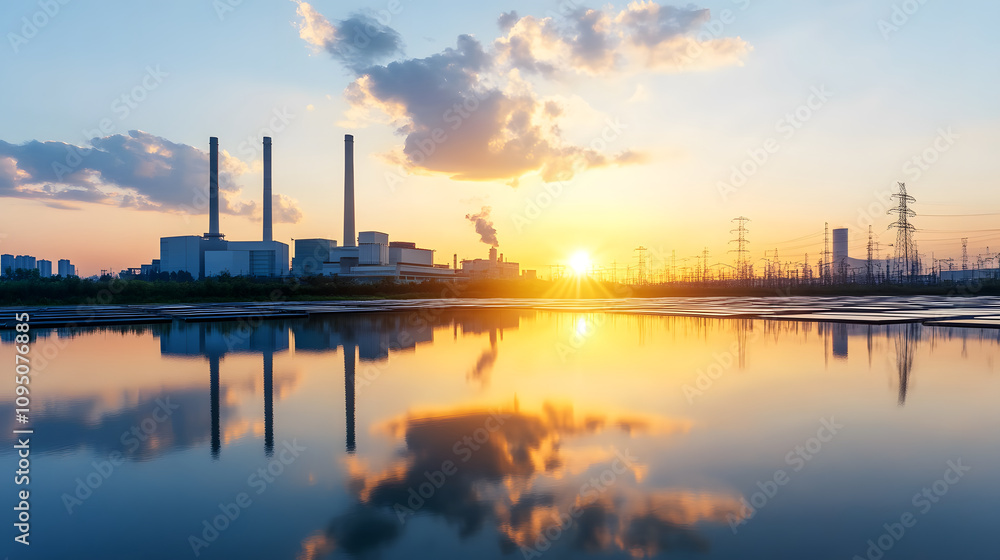stunning sunset over power station reflecting in calm water stunning sunset over power station reflecting in calm water