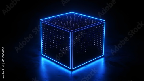 tecknolocigal black cube with blue neon lights on black background with many dots. Black Sci-fi cube on black background. Digital cube. 3d rendering. Abstract cube with glowing particles. Geometric lu