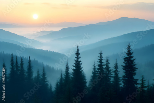 Misty Mountain Sunrise Photo - Forest, Fog, Landscape