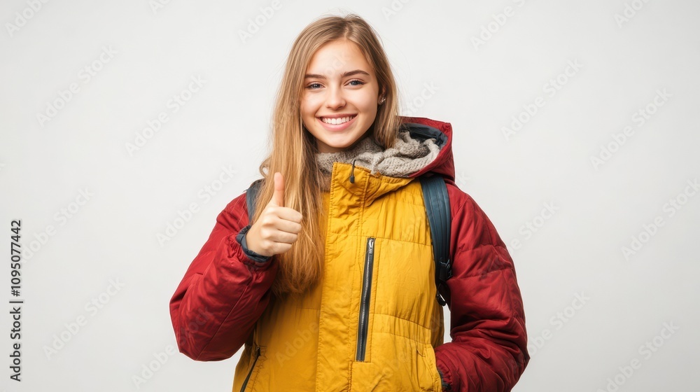 A smiling young woman in a colorful jacket giving a thumbs-up gesture. A smiling young woman in a colorful jacket giving a thumbs-up gesture.