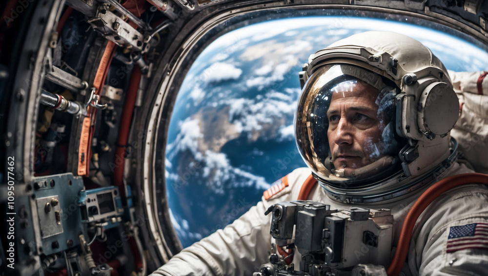 Astronaut Looking at Earth from Spaceship Astronaut Looking at Earth from Spaceship