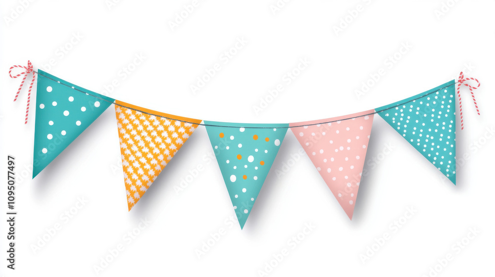 Brightly colored birthday bunting flags in triangular shapes, featuring polka dots and patterns, perfect for festive celebrations and decorations Brightly colored birthday bunting flags in triangular shapes, featuring polka dots and patterns, perfect for festive celebrations and decorations