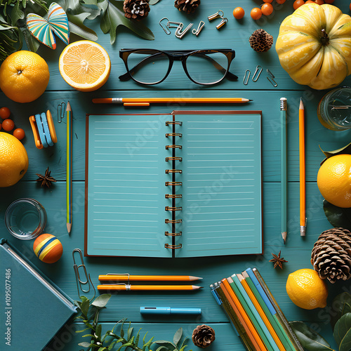 frame of colorful school supplies on green table. back to school concept. top view. flat lay with white shades, simple style, png photo